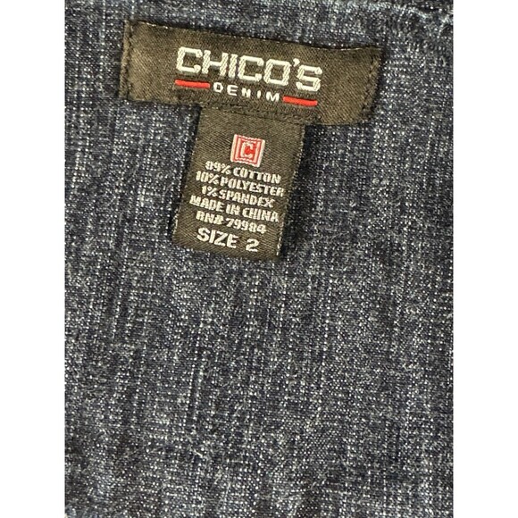 Chico’s Denim Jacket Size 2 Dark Wash Open Front Ruffle Trim Hem Casual Layering - Picture 9 of 11